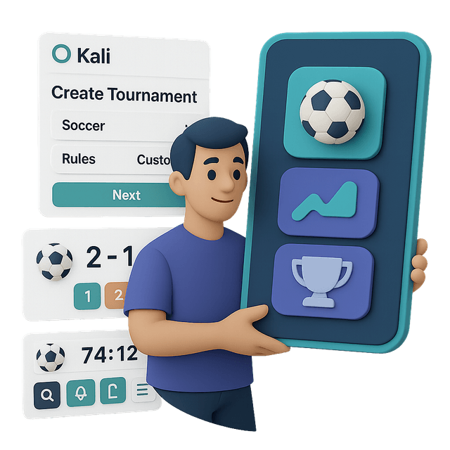 Kali tournament platform mobile app screens displaying match results, team rankings, and tournament brackets