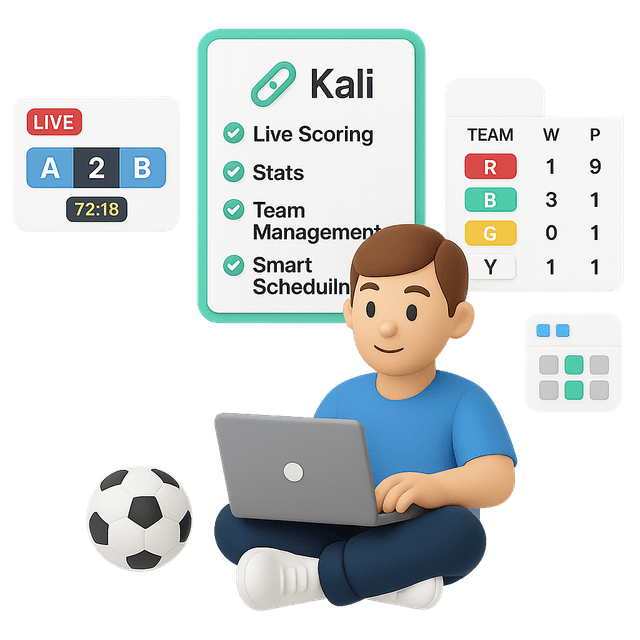 Kali mobile app screens displaying tournament brackets, player profiles, and automated scheduling features