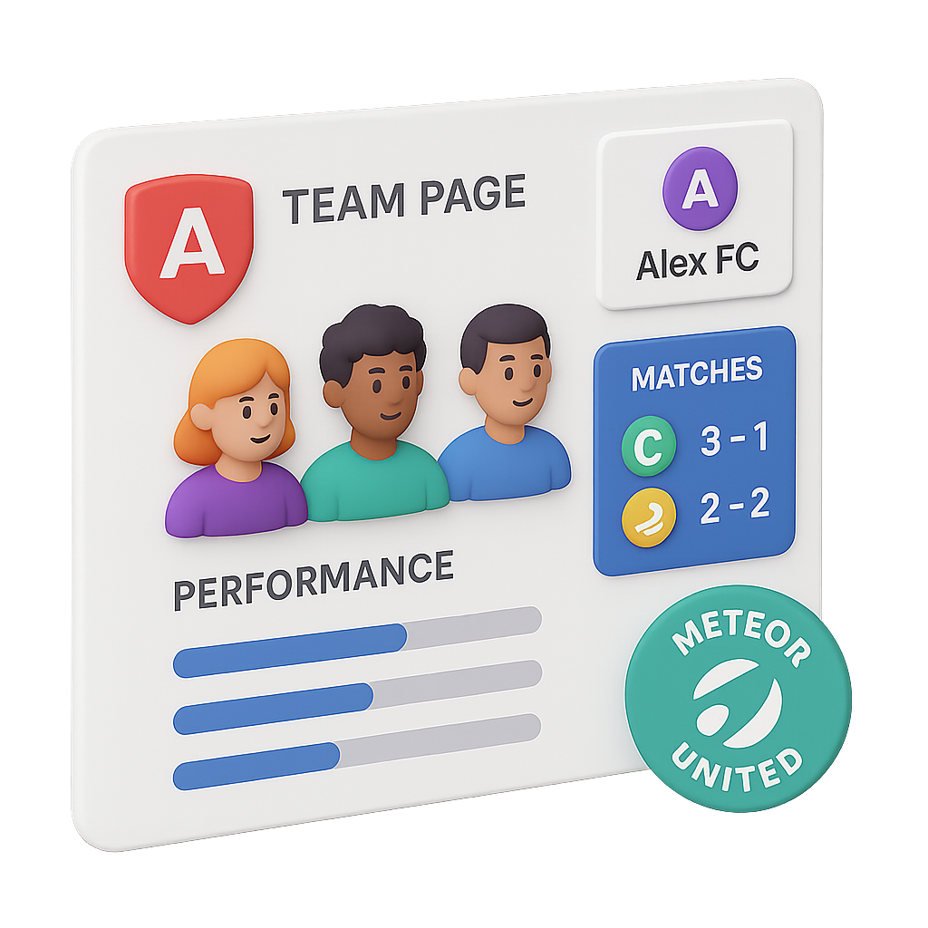 Team profile page displaying player roster, match history, performance statistics, and team logo