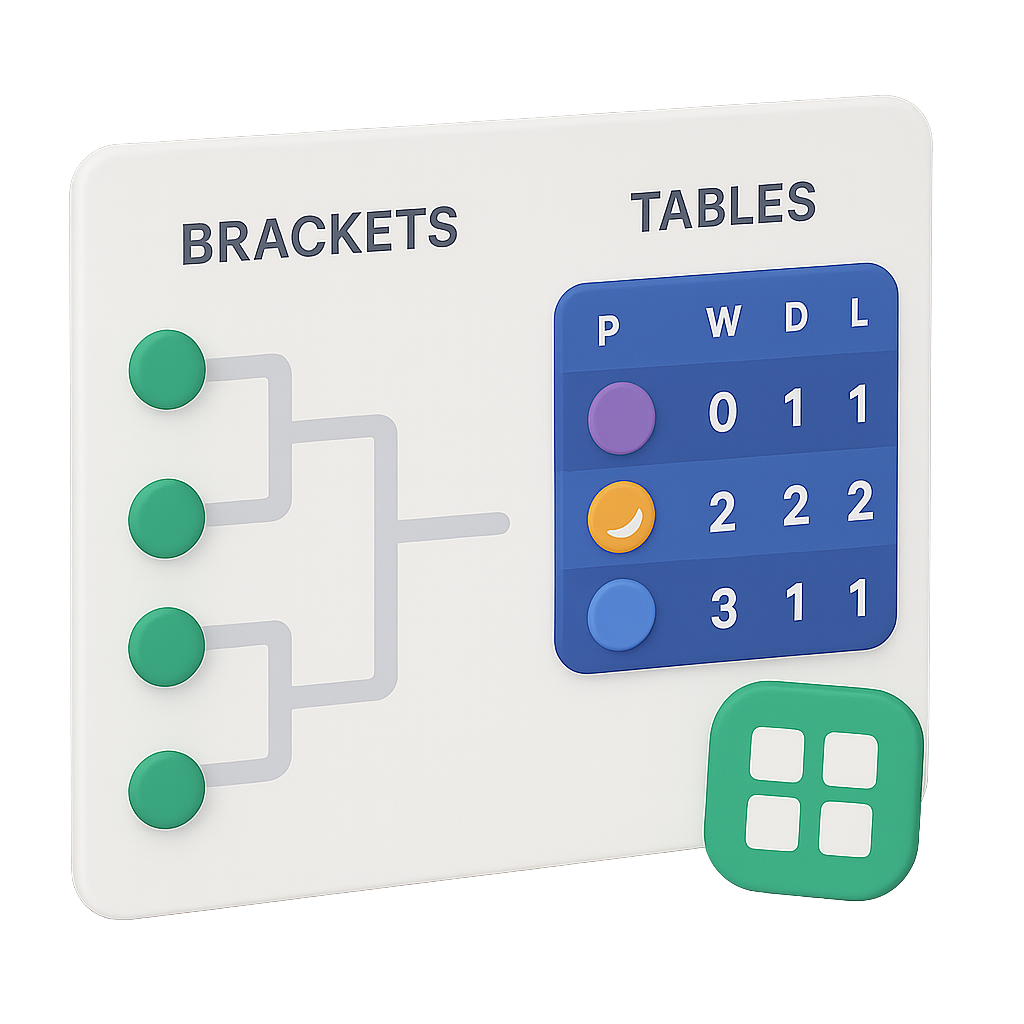 Tournament brackets and league tables interface showing knockout stages and live points standings
