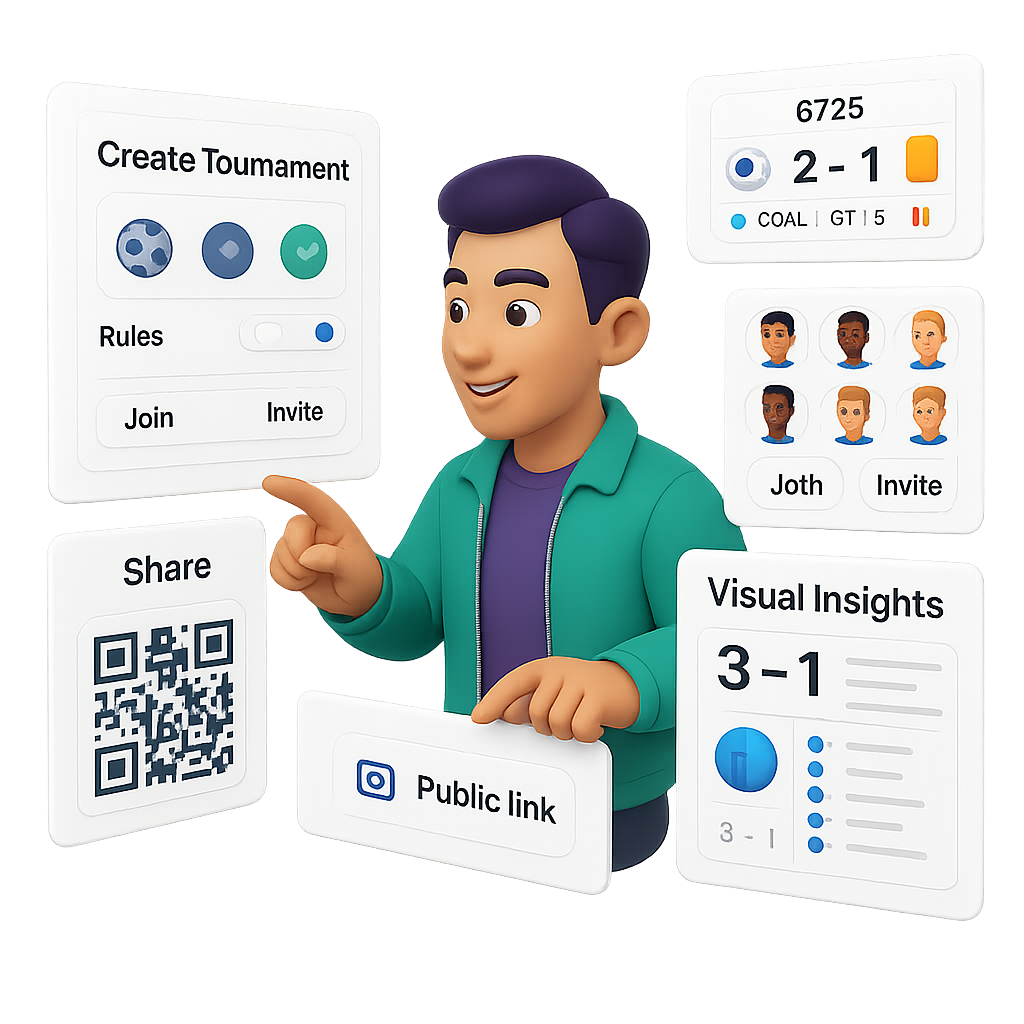 Kali mobile app interface displaying tournament workflow steps and real-time match management features