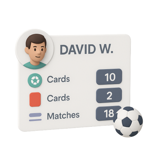 Player profile dashboard showing individual statistics, goals scored, cards received, and tournament history